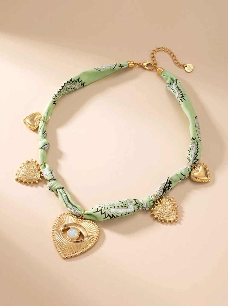 Collier en tissu avec charms coeur - Alitzel - Vert Clair