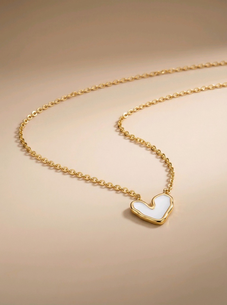 [46971-COLLIER-COEUR-BLANC] Collier en acier - Coeur blanc - Doré