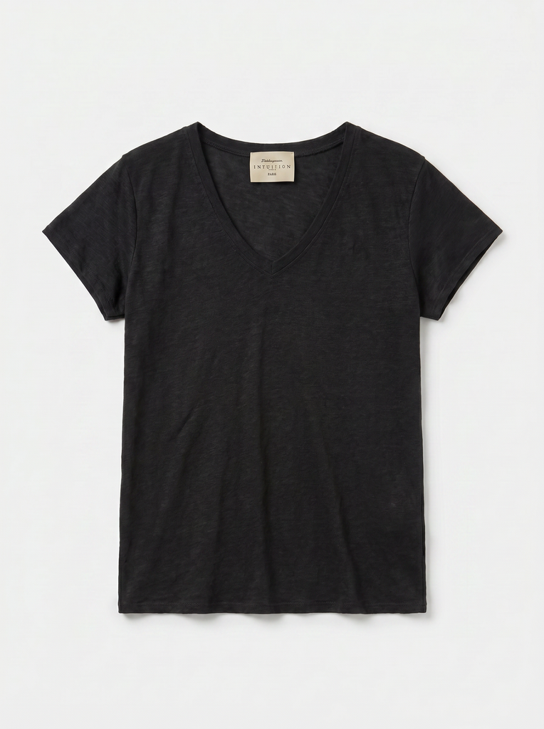 [TL58417-noir] T-shirt en lin - Col V et manches courtes - Noir