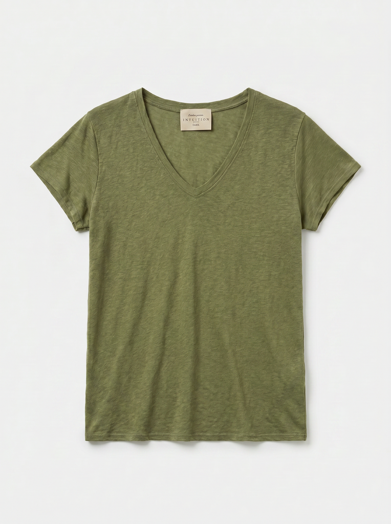T-shirt en lin - Col V et manches courtes - Vert