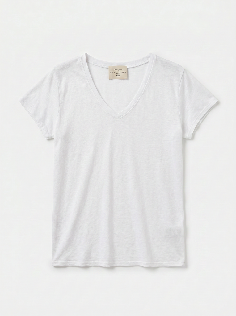 [TL58417-blanc] T-shirt en lin - Col V et manches courtes - Blanc