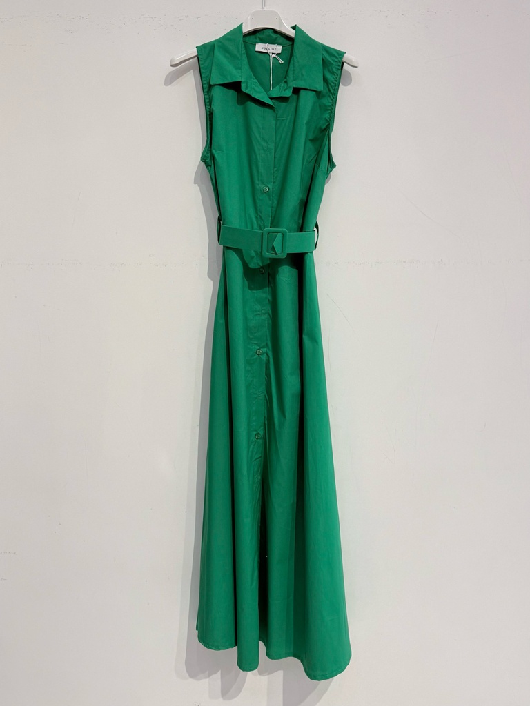 [2128-vert-L] Robe longue en coton glacé sans manche avec ceinture - Vert (L)
