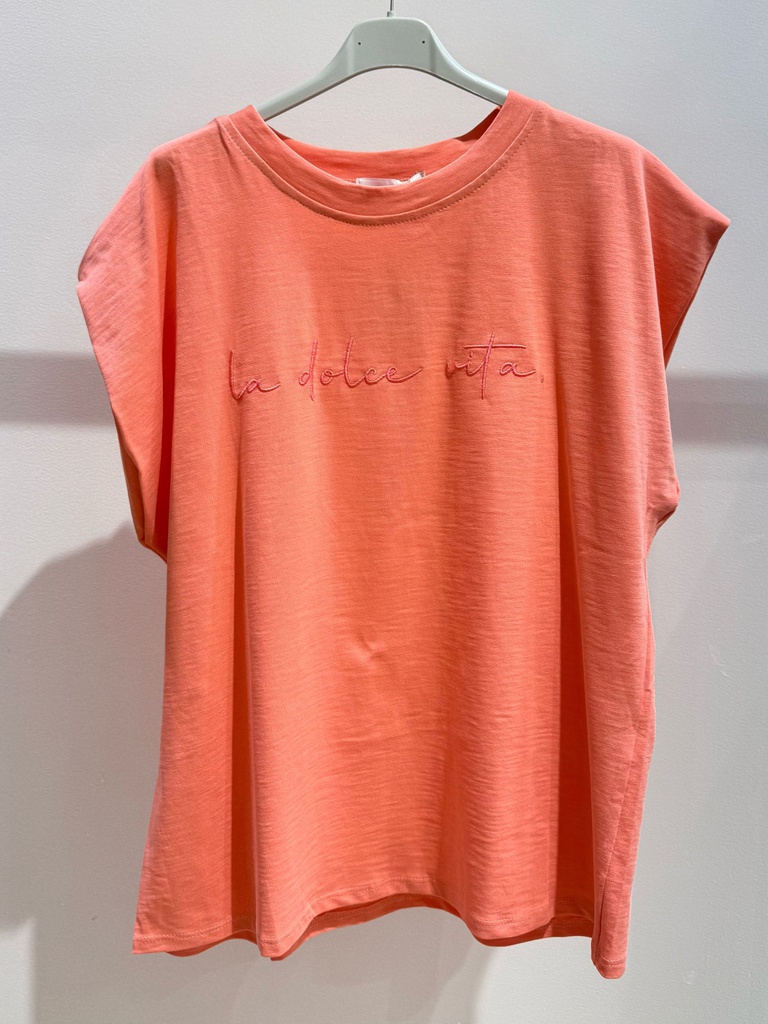 [Q1604-corail] T-shirt à manches courtes en coton - Motif brodé - Dolce Vita - Corail