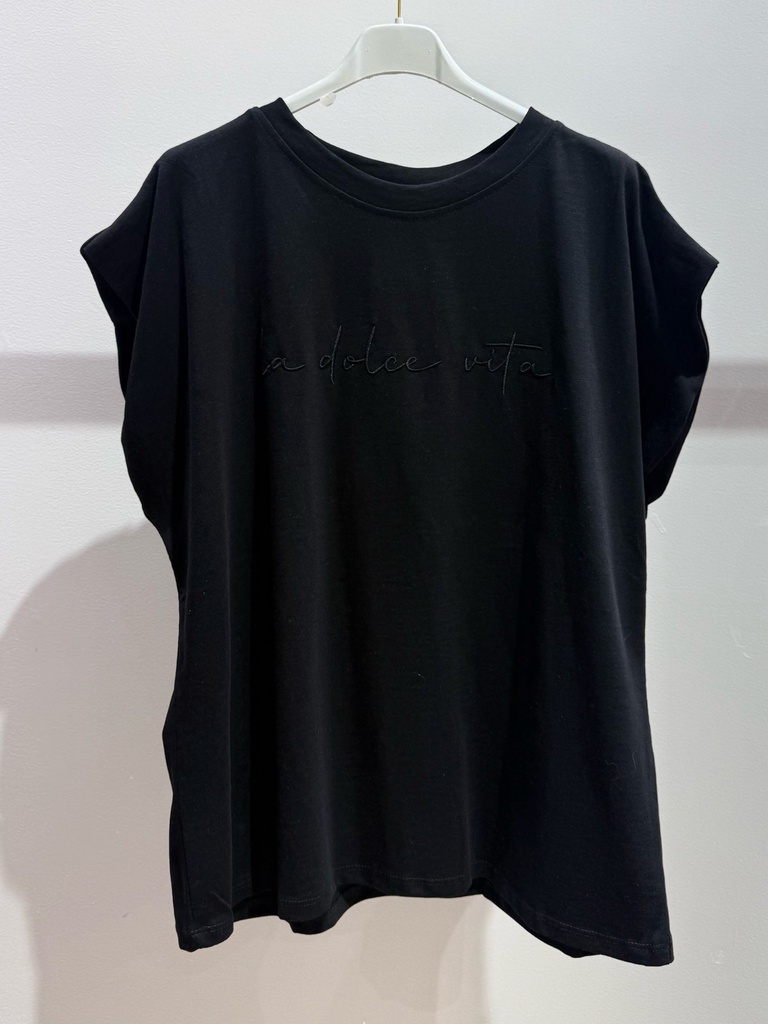 [Q1604-noir] T-shirt à manches courtes en coton - Motif brodé - Dolce Vita - Noir