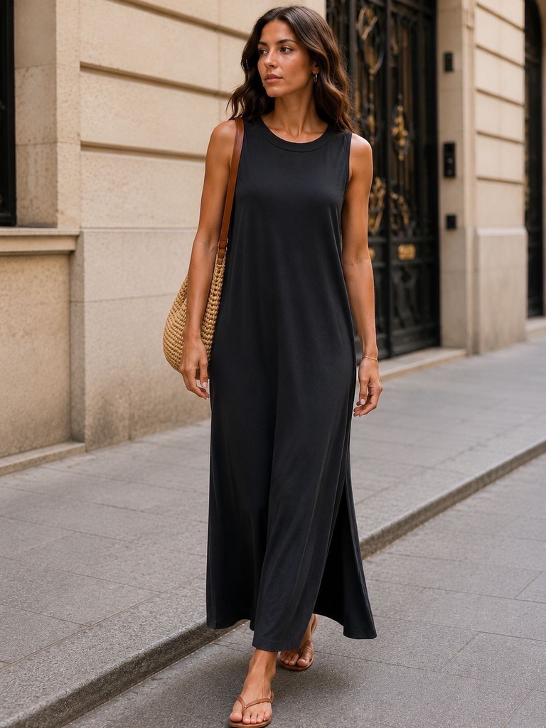[20168-noir] Robe en coton sans manche - Noir