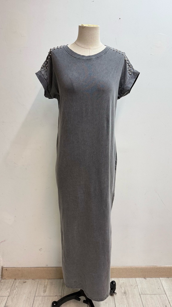 [A8315-1-gris] Robe en coton manches courtes - Détails cloutés aux épaules - Gris