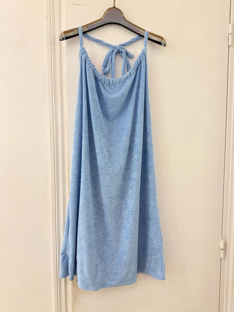 [14605C-ciel-SM] Robe courte en éponge - Dos nu - Bleu ciel (SM)