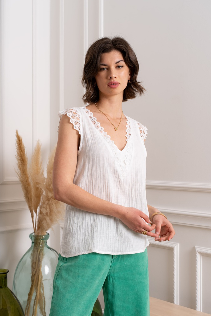 [JP2081-blanc-L] Blouse sans manche avec broderie - Blanc (L)