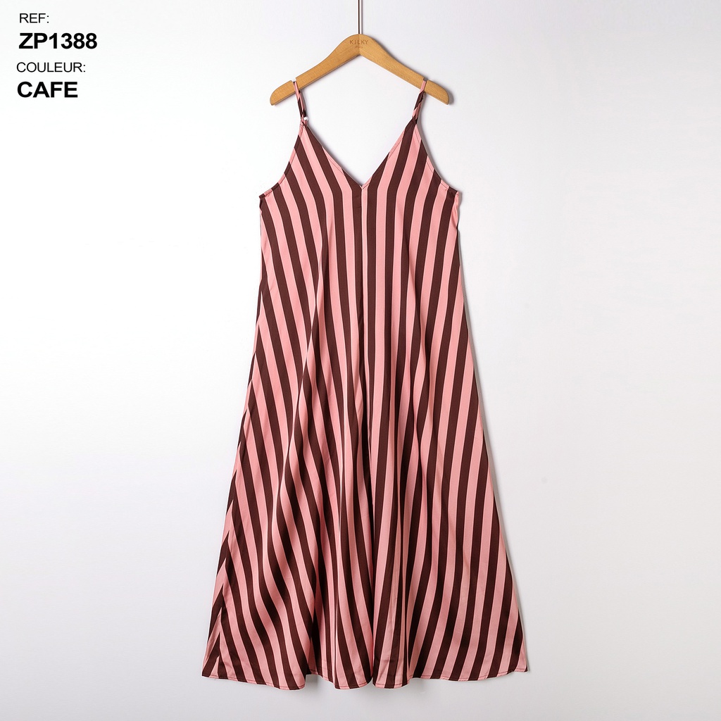 [ZP1388-cafe-L] Robe lignée - Café (L)