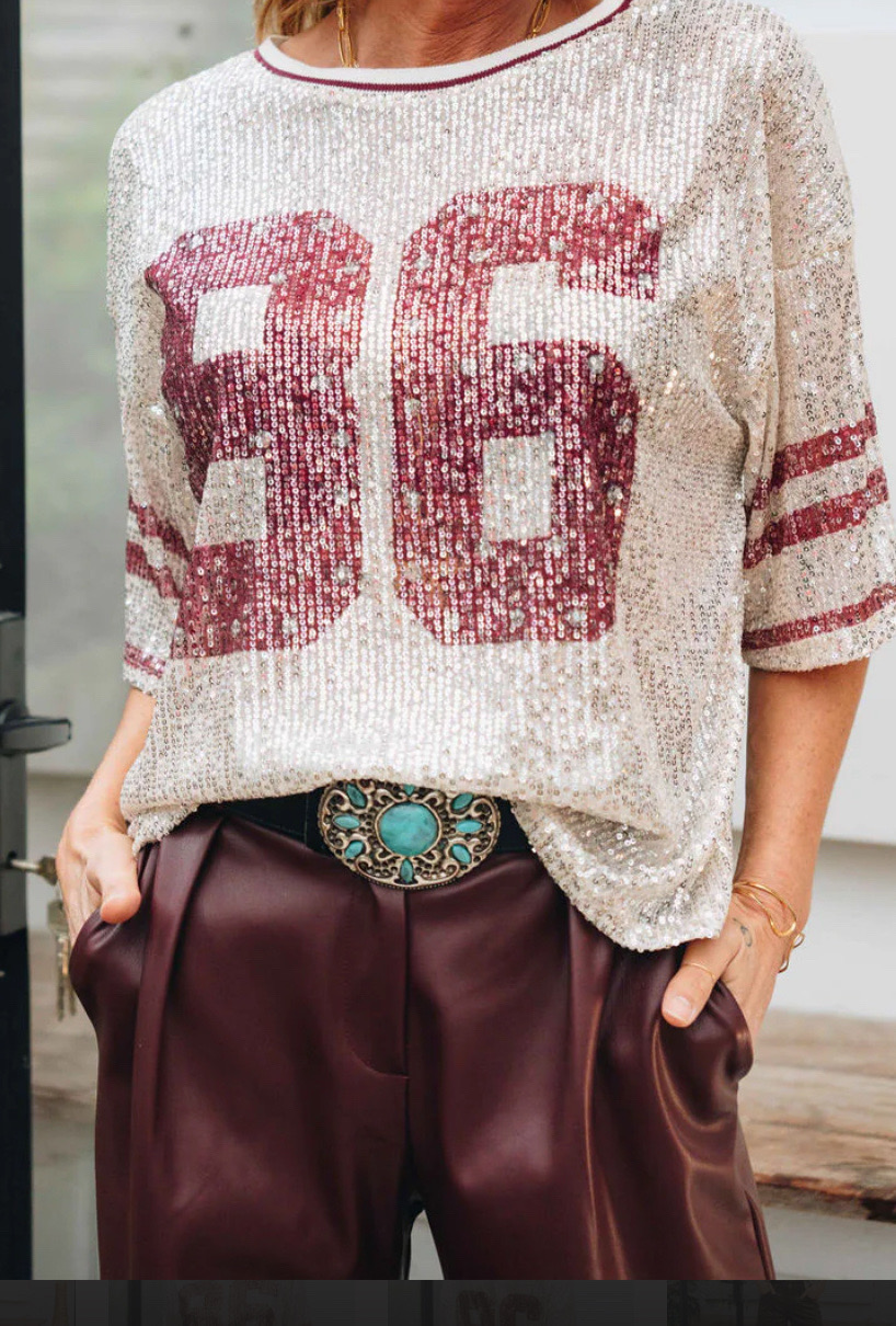 Blouse oversized à paillettes manches courtes - STAR 86 - Bordeaux