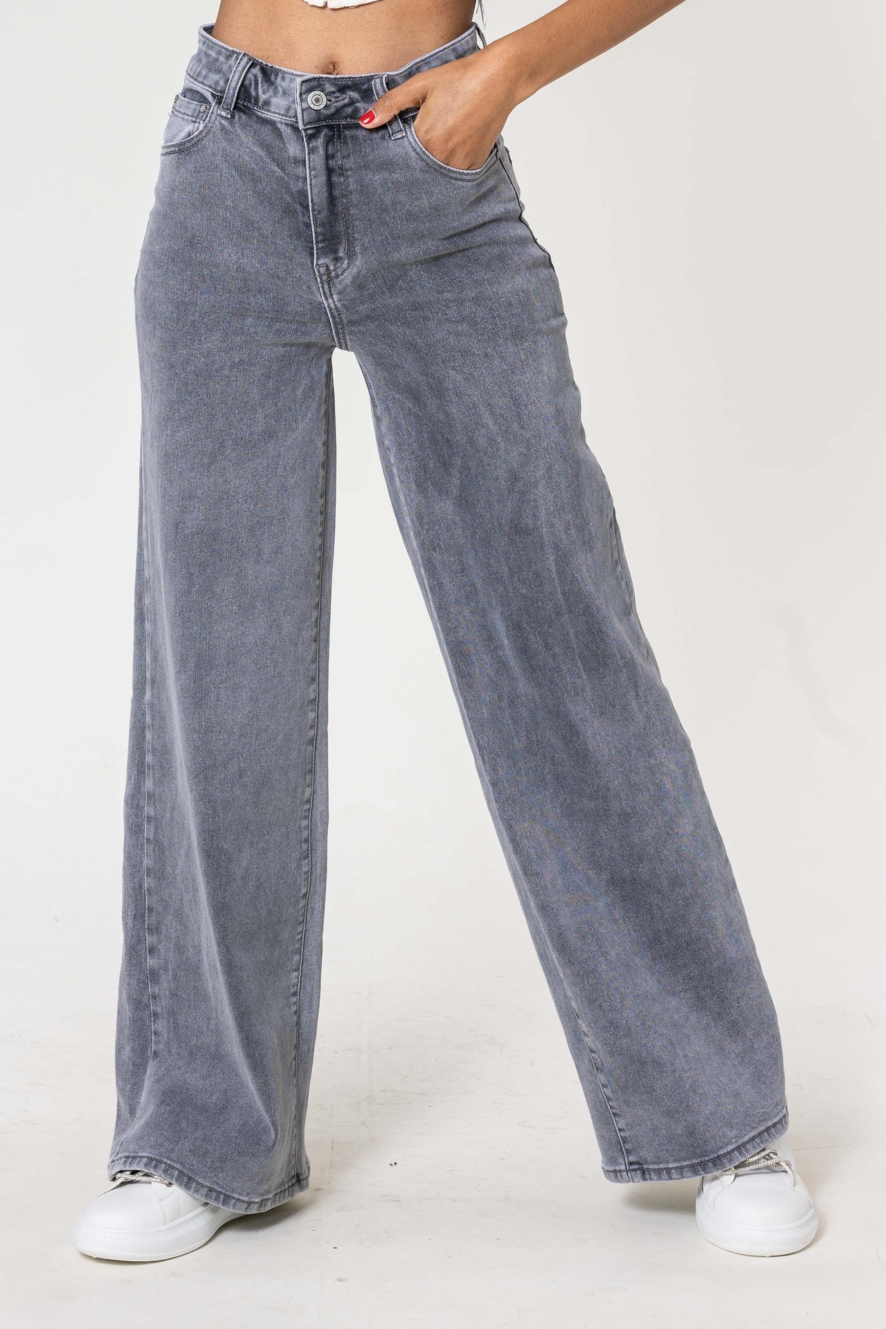 Jeans wide leg uni taille haute - Nathalie - Gris