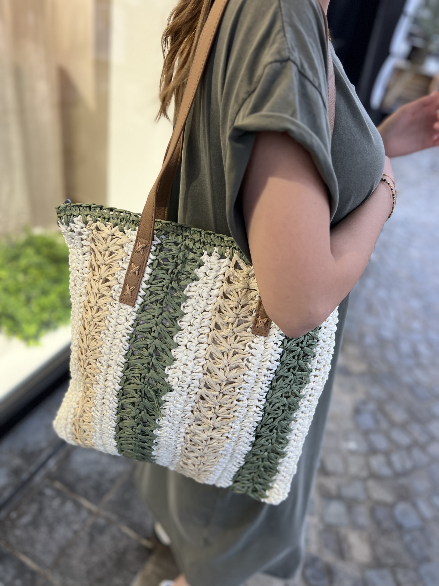Sac en paille bicolore - Ana - kaki