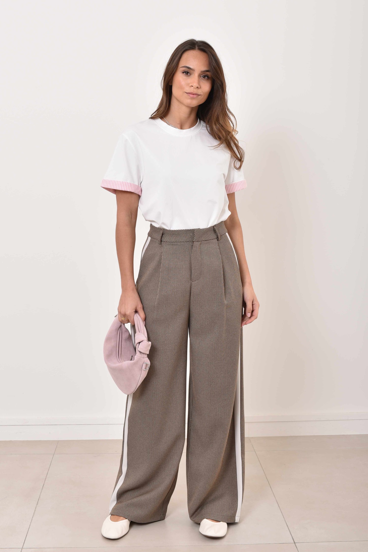 Pantalon à carreaux avec bande latérale - Carla - taupe