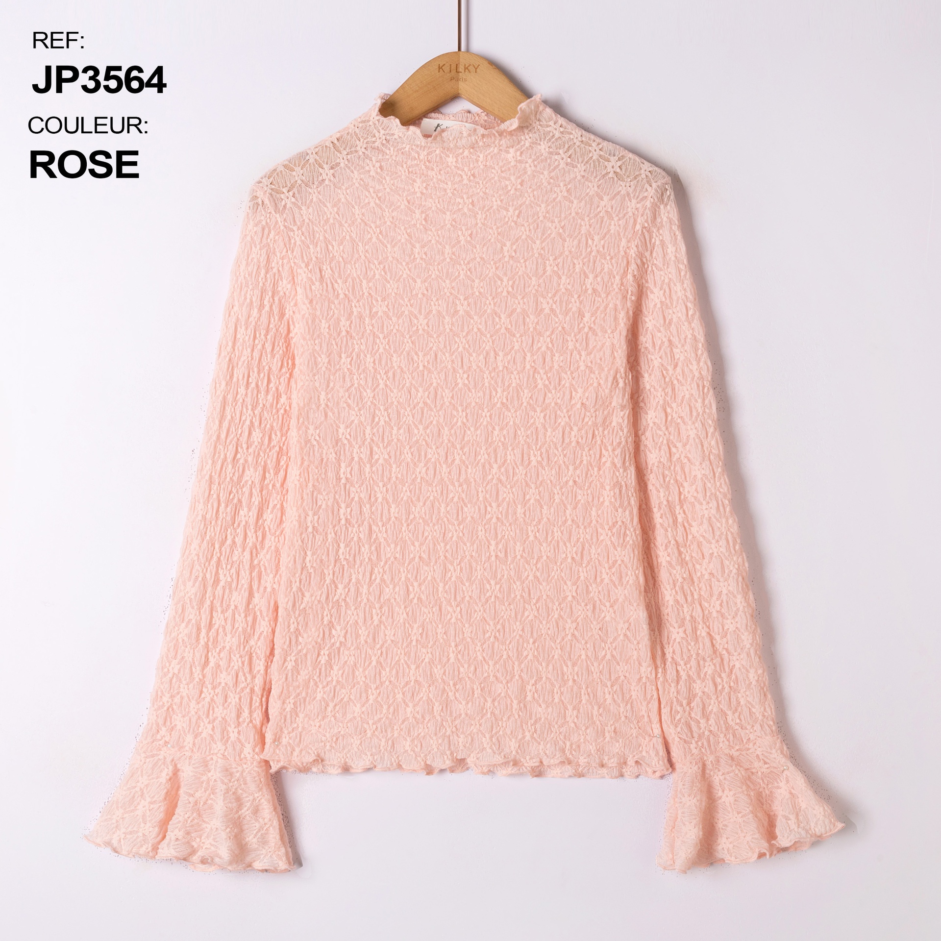 Blouse col montant et manches ajourée - Détails dentelle - Rose