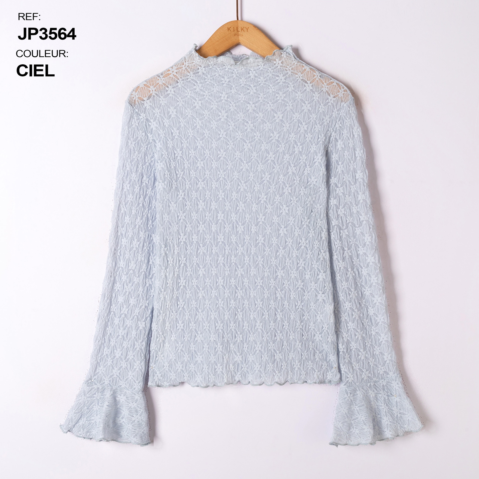 Blouse col montant et manches ajourée - Détails dentelle - Ciel