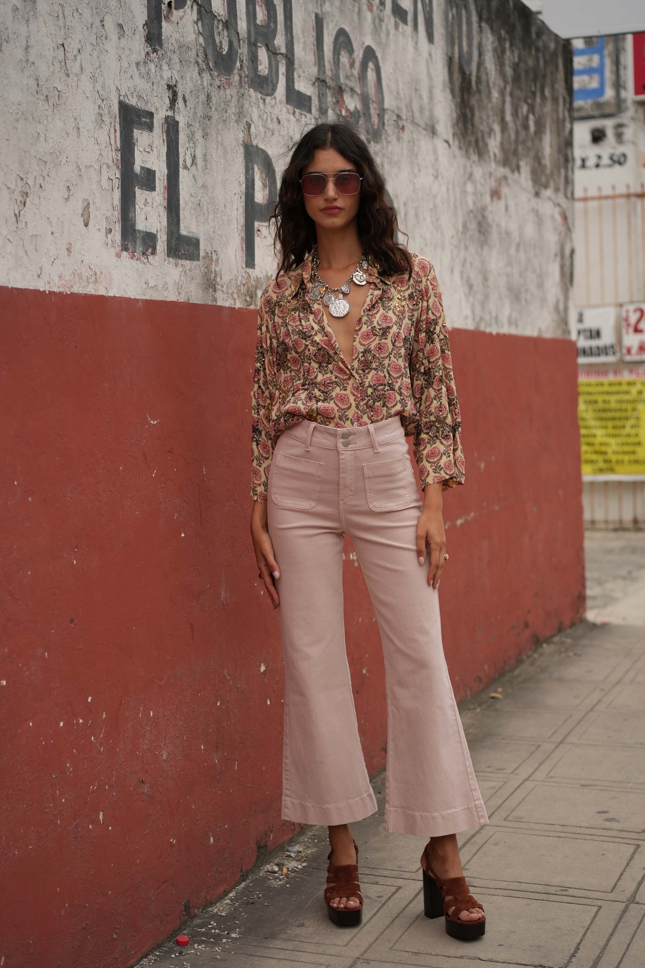 Jeans flare court - Elenette - rose des bois
