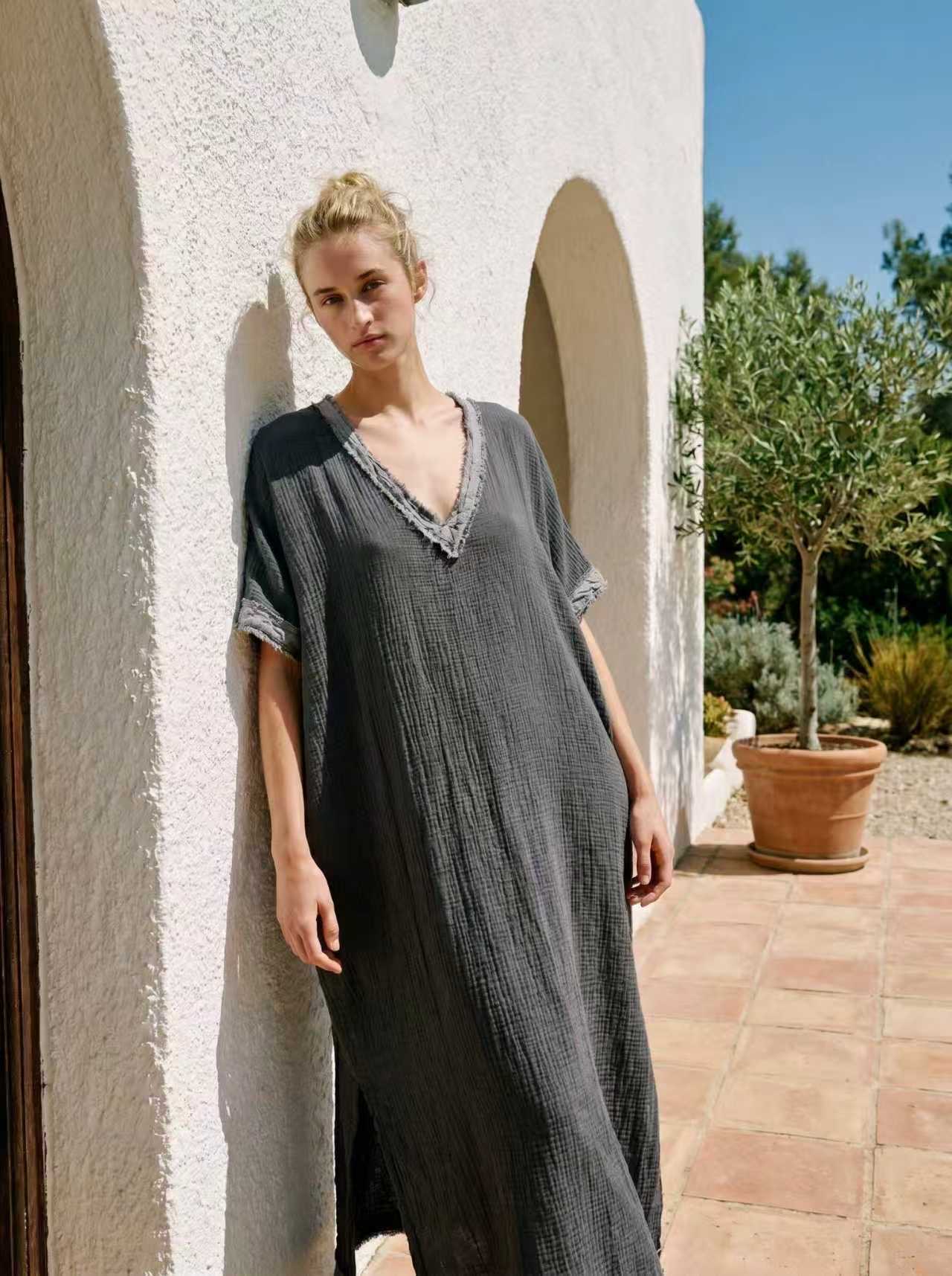 Robe longue en gaz de coton - Gris