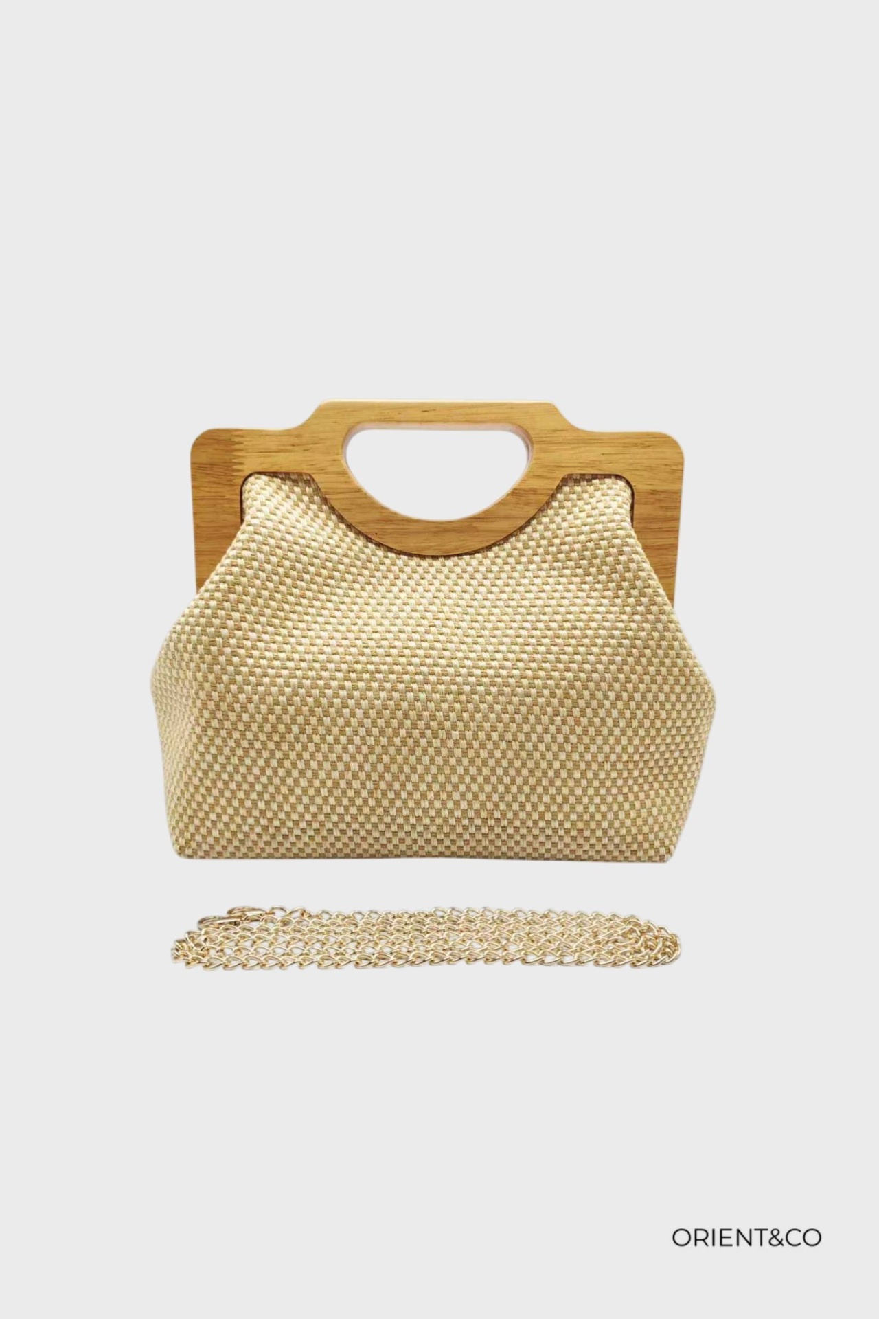 San à main en rafia avec anse en bois - Beige