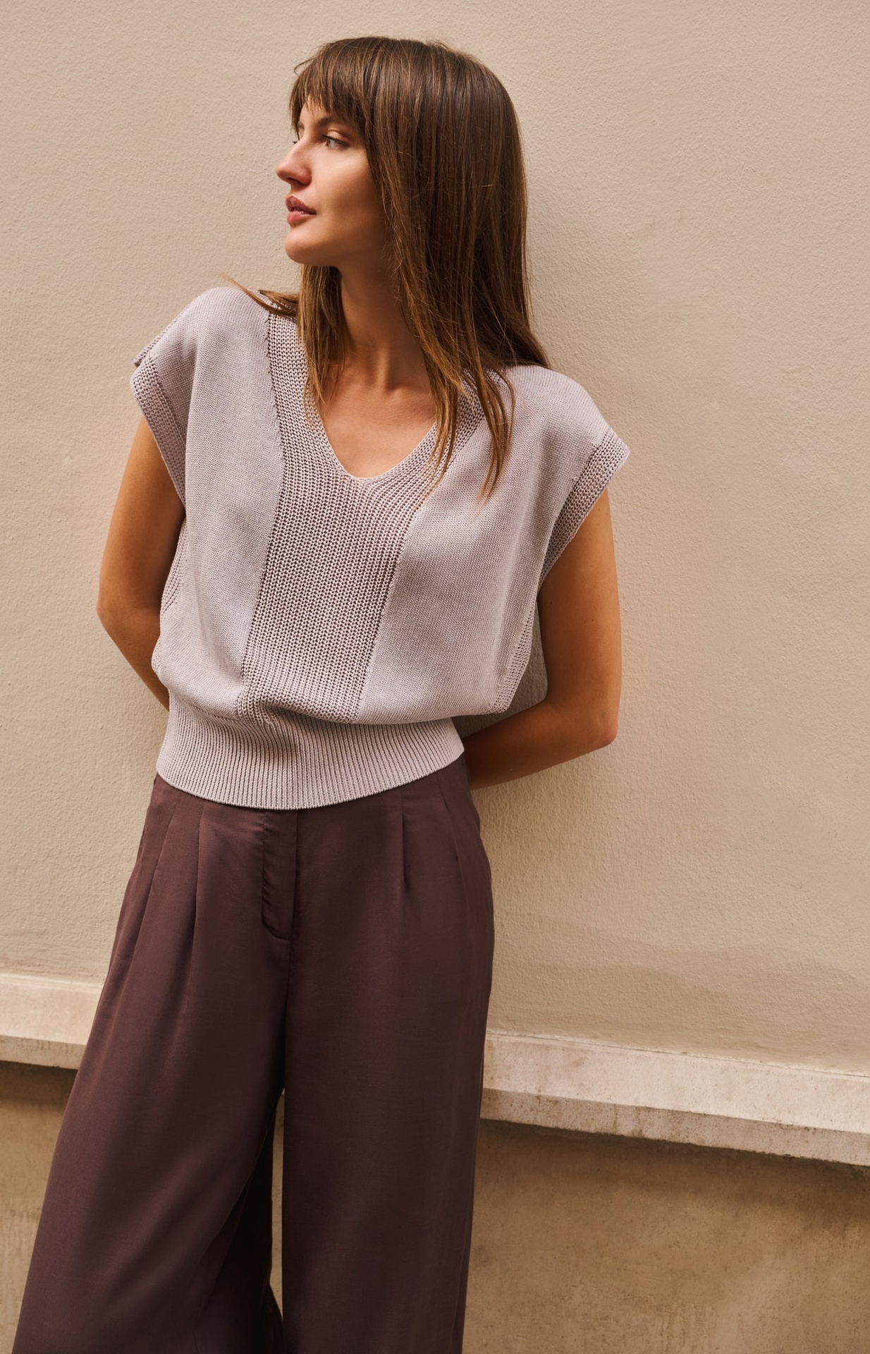 Pull col V en maille texturée - YAYA - Alabaster Gray Melange
