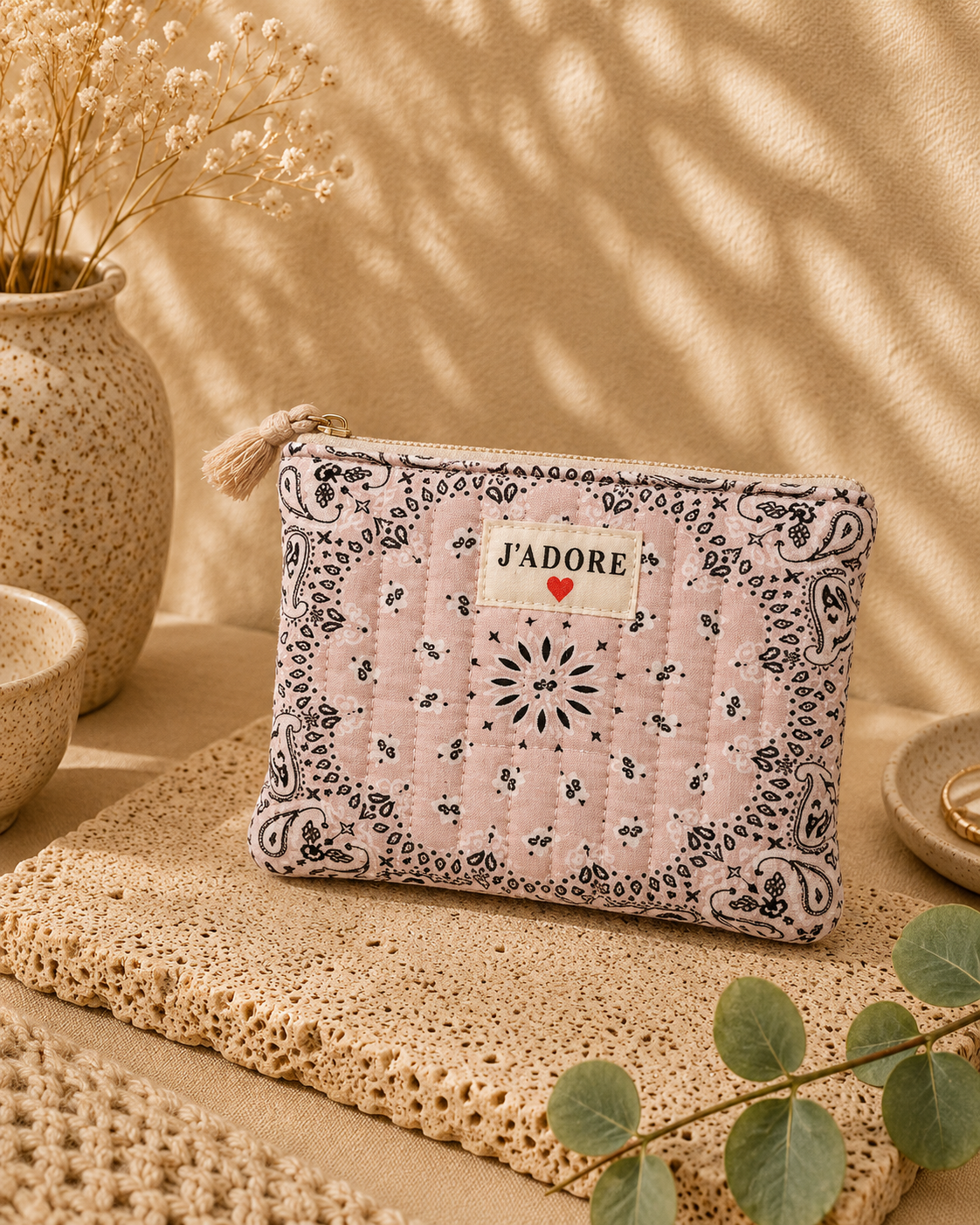 Pochette en coton - J'adore - Bandana taupe