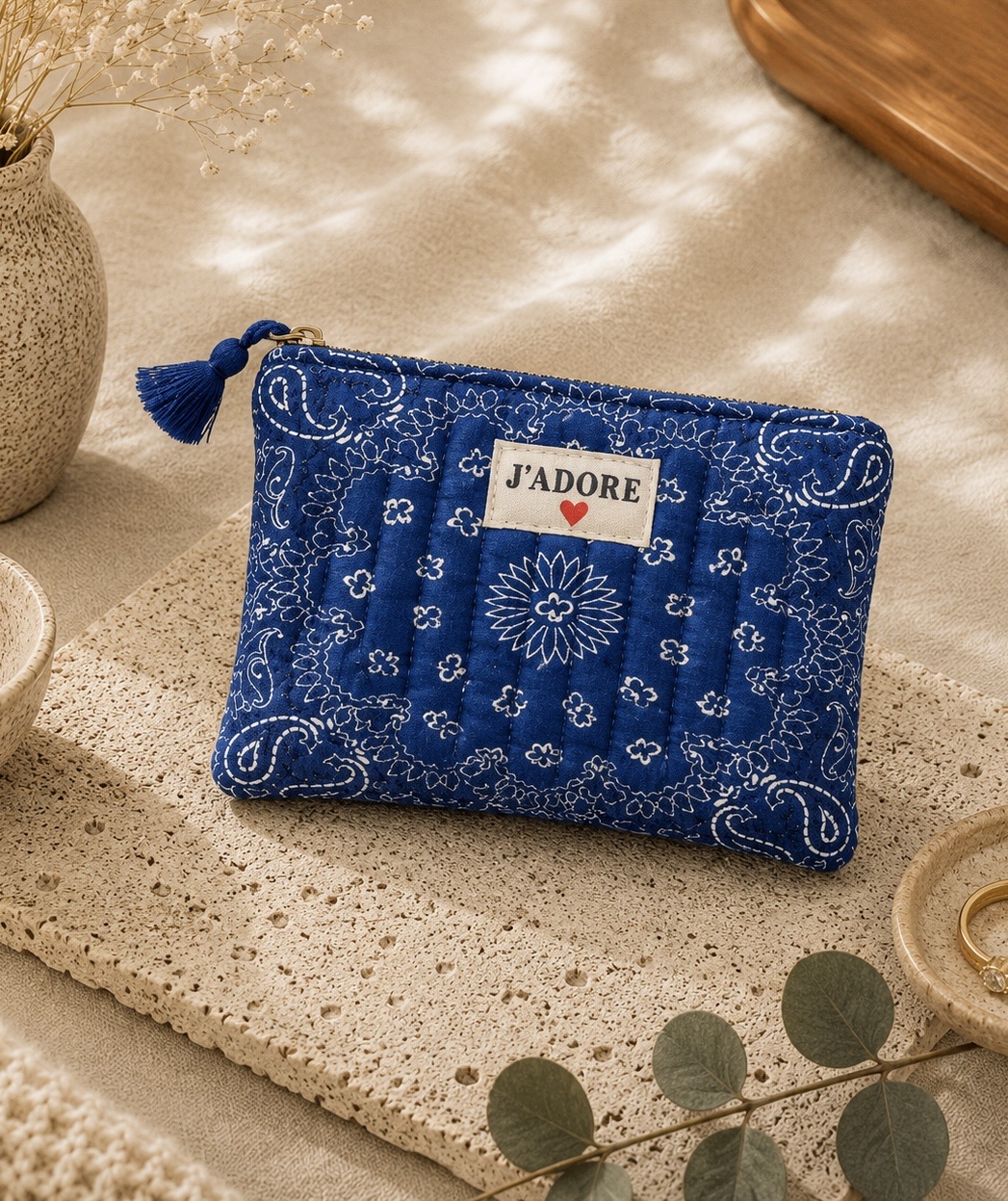 Pochette en coton - J'adore - Bandana Bleu marine