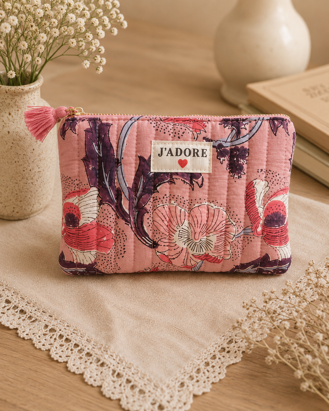 Pochette en coton - J'adore - Motifs Fleuris - Rose