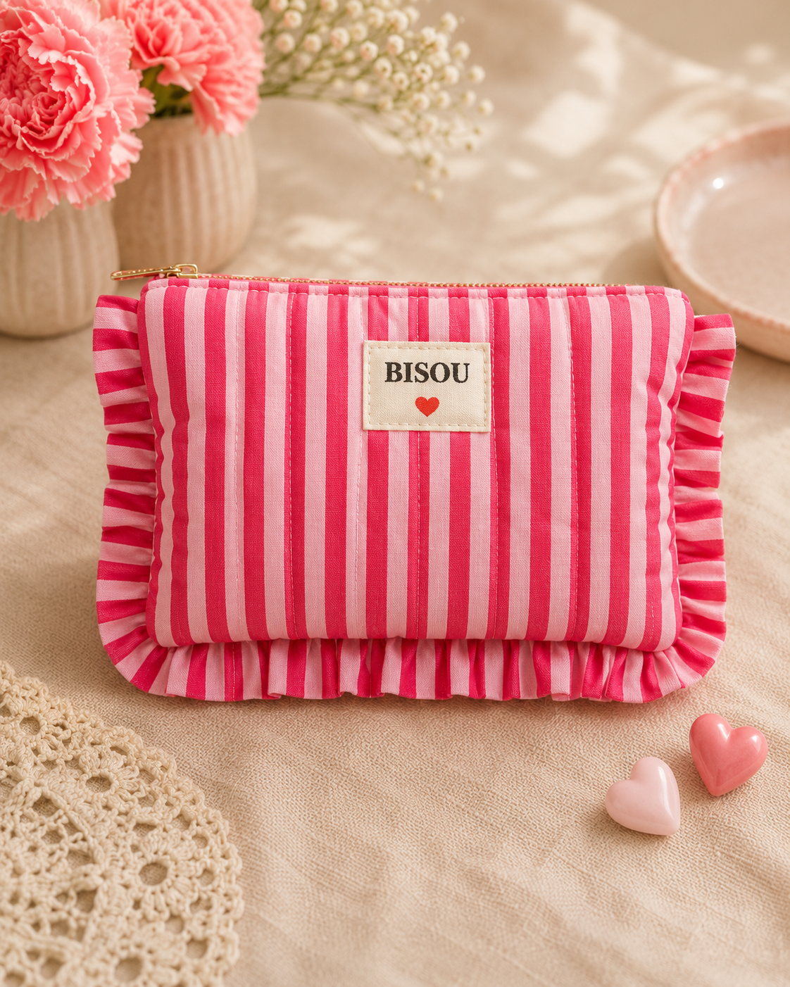 Pochette en coton - Bisou - Motifs ligné - Fuchsia