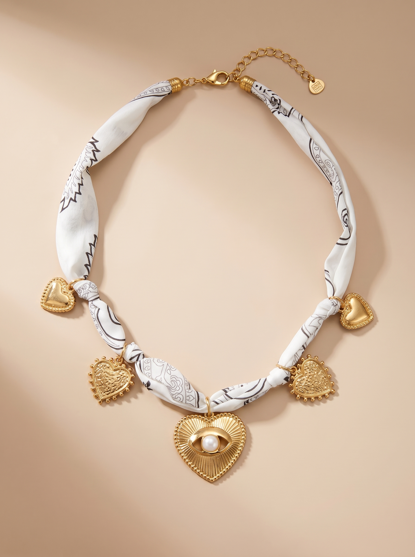 Collier en tissu avec charms coeur - Alitzel - Blanc