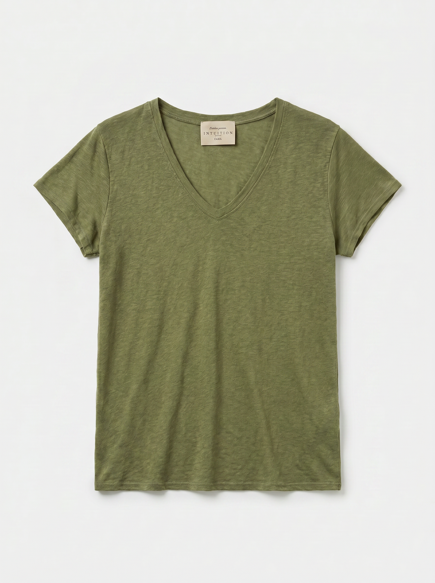 T-shirt en lin - Col V et manches courtes - Vert