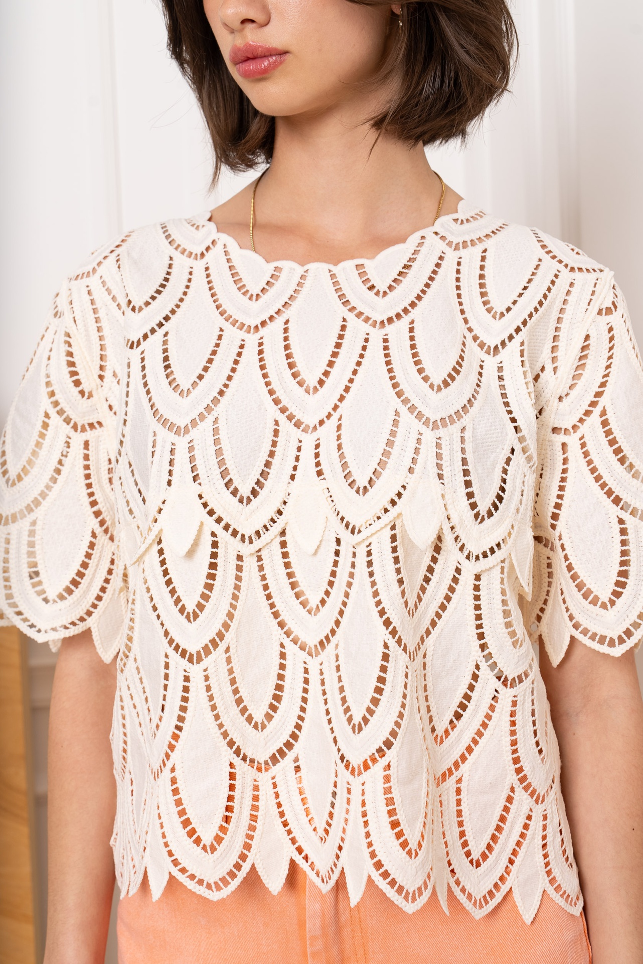 Blouse en dentelle à manches courtes - Beige