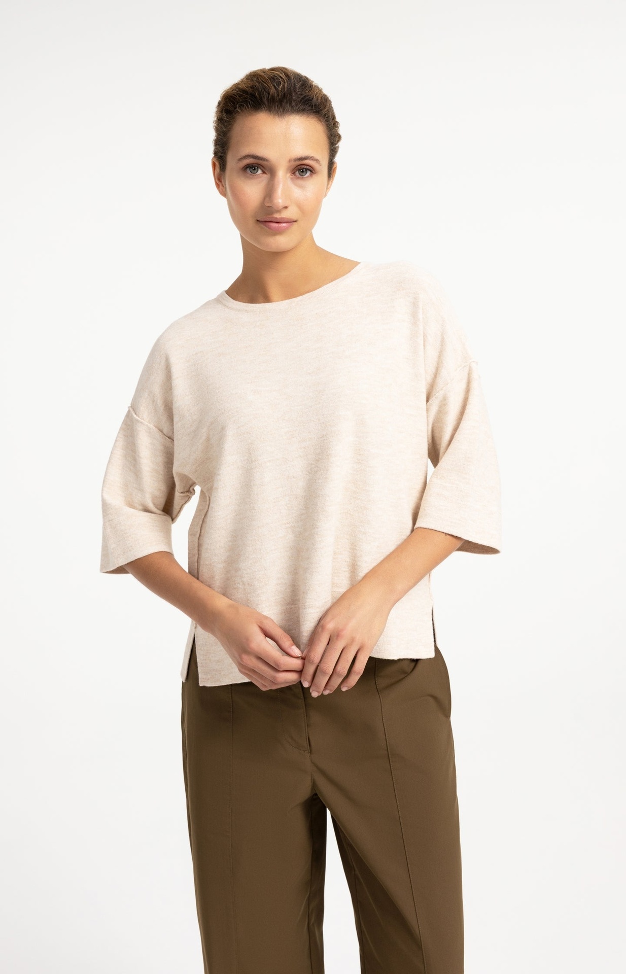 T-shirt oversize en maille fine avec manches mi-longues - YAYA - Almond Peach Pink Melange